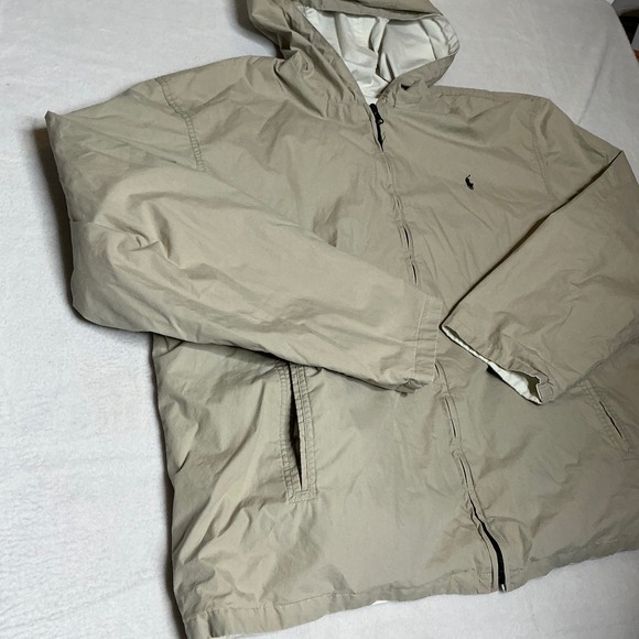Vintage POLO RALPH LAUREN Cotton Hood Jacket Mens XL Ivory Beige Reversible
